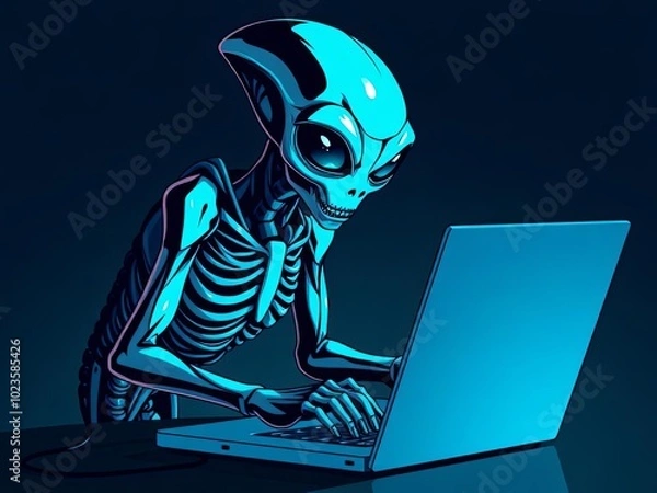 Fototapeta Cartoon alien using laptop in dark background