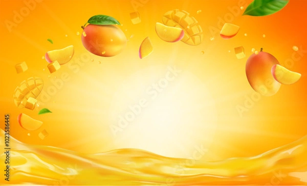 Fototapeta 3d realistic vector horizontal banner, mango juice splash, mango juice color background with flying leaves for your design, ads