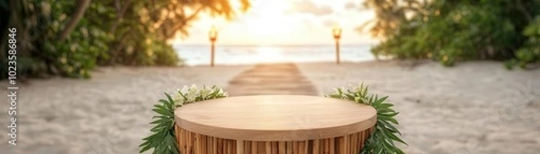 Fototapeta Serene beach path with wooden table, sunset view.