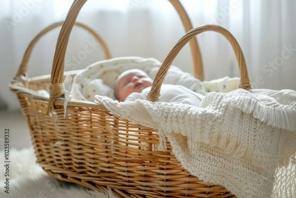 Fototapeta Newborn baby is sleeping peacefully in a wicker basket, covered with a soft knitted blanket, enjoying the comfort and warmth of home