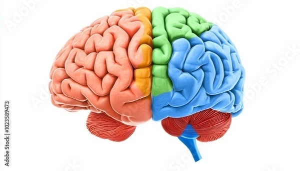 Fototapeta A detailed diagram of the human brain, showing the different lobes, cerebellum, brainstem, and major neural pathways.