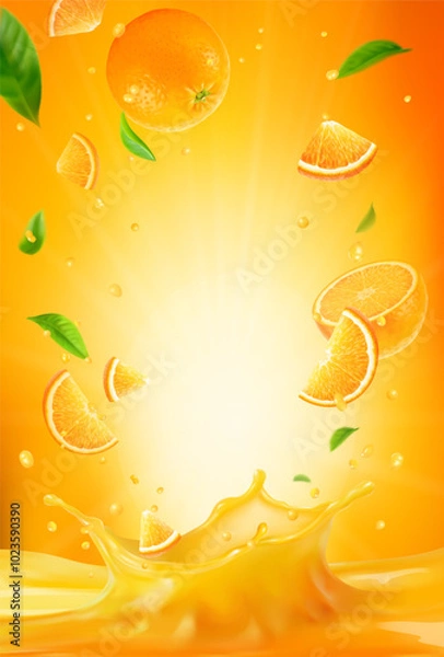 Fototapeta 3d realistic vector vertical banner, orange juice splash, orange juice color background with flying leaves for your design, ads