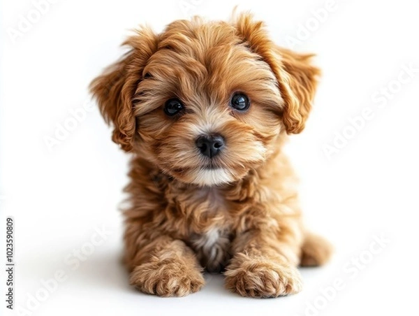 Fototapeta smiling maltipoo puppy with fluffy teddy coat, playfully gazing at the viewer with a cute expression against a clean white background, capturing the adorable essence of this beloved breed