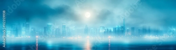 Fototapeta A serene city skyline shrouded in fog, illuminated by the moonlight reflecting on the calm water, Ideal for themes of tranquility, night life, or modern urban landscapes,