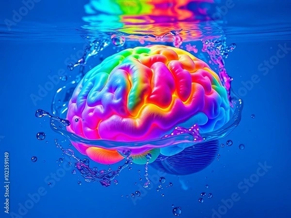 Fototapeta Vibrant multicolored brain floating in water