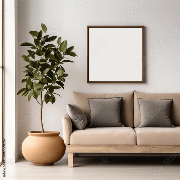 Obraz Mockup of a 1x1 brown square wooden frame in a modern living room interior with a beige sofa and a green plant. Artwork, poster, art print, wall art mockup. Home interior.