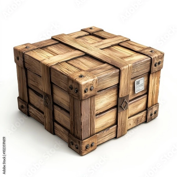 Fototapeta A rustic wooden crate with sturdy metal accents, perfect for storage or shipping imagery, This versatile photo can be used in e-commerce, packaging design, or artistic projects,