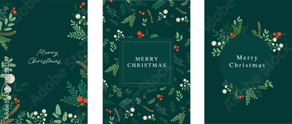 Obraz Merry Christmas greeting cards set with hand drawn branches and florals. Vector illustration seasonal banner.