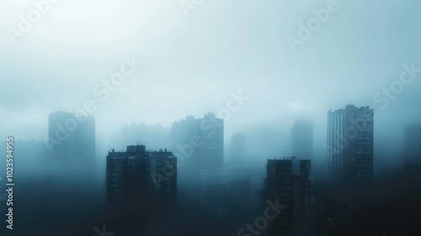 Fototapeta Fog shrouds a city skyline as tall buildings dissolve into the mist, creating a calm and moody urban atmosphere