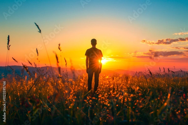 Obraz silhouette of a man in a field at sunset in the golden hour