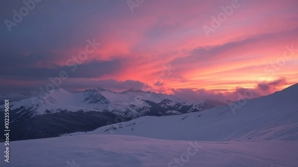 Obraz A serene twilight landscape over a majestic winter mountain range with vibrant pink clouds reflecting on snow-covered slopes