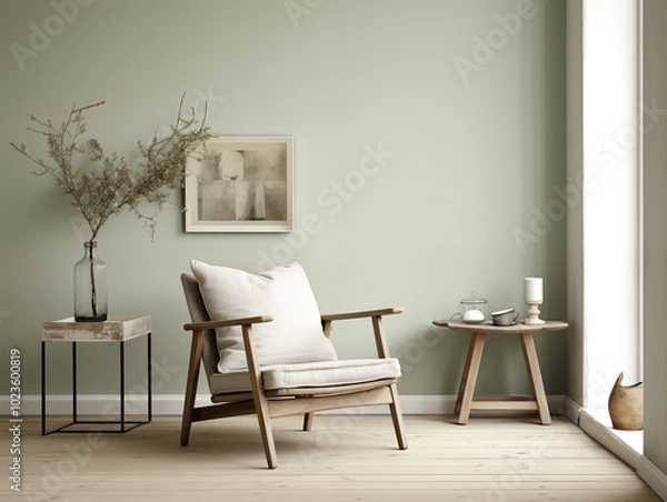 Fototapeta Simple minimalist japandi and wabi sabi style living room with reclaimed wood furniture in neutral and sage colors. Reused materials furniture. Rustic interior.

