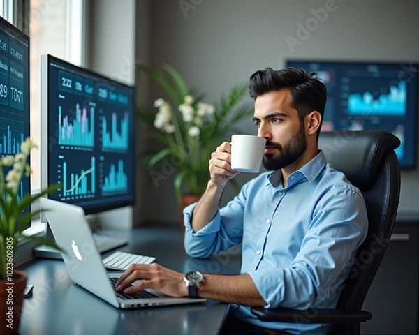 Fototapeta Hispanic Man Working on MacBook Pro at Modern Desk