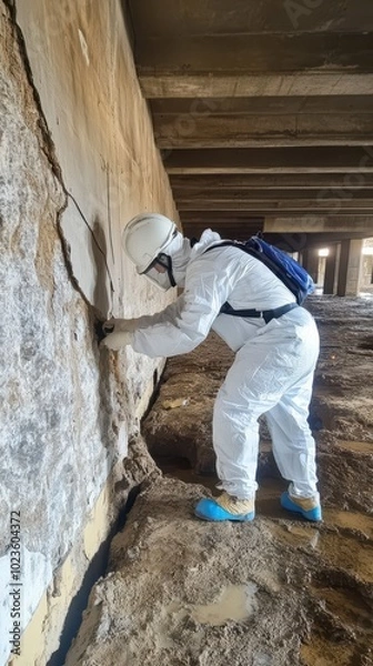 Fototapeta A worker in a protective suit checks for damage on a concrete structure under a bridge