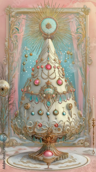 Obraz Surrealistic white christmas treeon pale pink background.