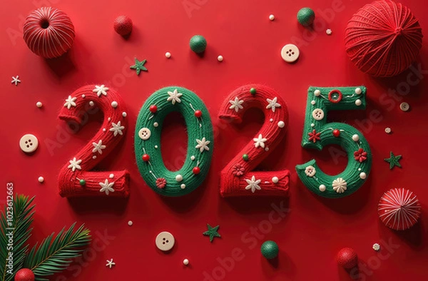 Obraz Number (digit) 2025 represents happy year digits connected 3D-rendering woolen threads red and green color, snow, snowflakes are embroidered digits, buttons sewn. Handmade