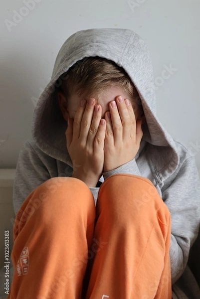 Obraz A sad, broken boy covering his face with his hands