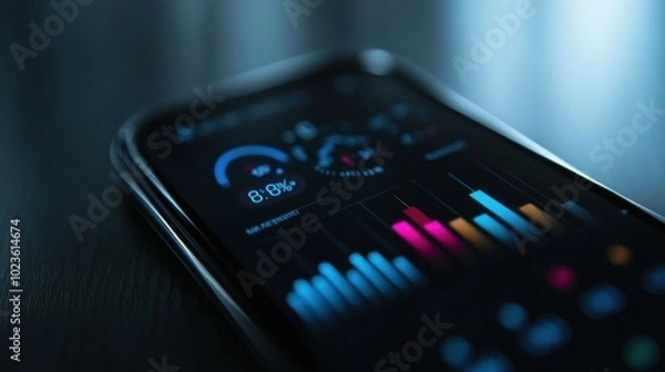 Fototapeta Smartphone Displaying Data Visualization with Bar Graphs and a Circular Gauge