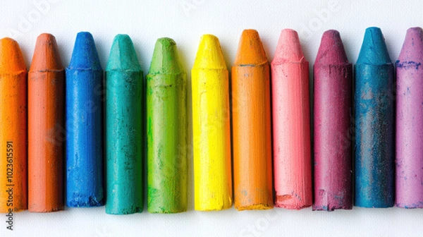 Fototapeta A beautifully arranged collection of oil pastel crayons in a rainbow order, set against a white canvas, symbolizing the beginning of a creative journey.