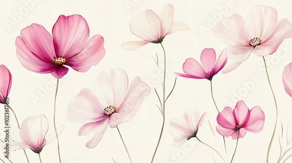 Obraz Minimalist watercolor cosmos flowers in soft pink and white, arranged on a light cream background, seamless design