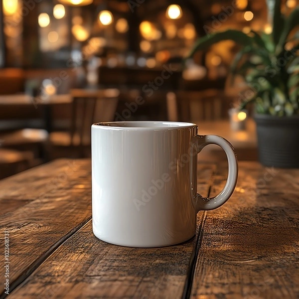 Fototapeta Stylish coffee mug mockup on a rustic wooden table with a blurred cafe background