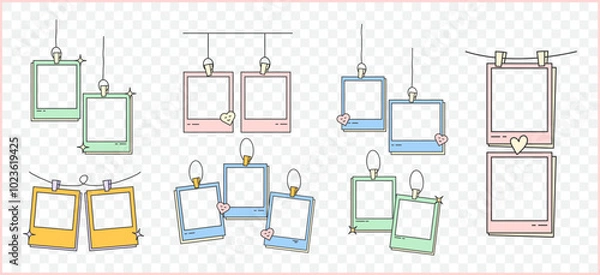 Obraz Retro cute Polaroid photo frames background vector set collection. Doodle frame cute polaroid border hand drawn element vector illustration