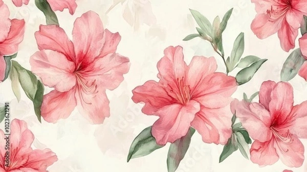 Fototapeta Watercolor azaleas in soft pink and red tones, minimal green leaves, scattered gently on a light background, seamless repeat