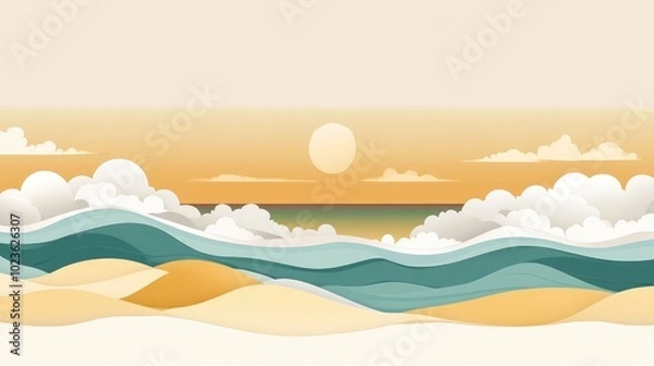 Fototapeta Ai Generated Artistry Water Waves In Golden Turquoise And White Clouds With Sky Reflection Ocean With Golden Sand And Natural Elements Abstract Background For Sunset Or Sunrise