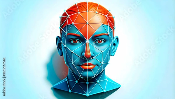 Obraz Close-Up of AI Facial Recognition Grid: Macro View Scanning Human Face, Showcasing Intricate Digital Lines in Identity Verification Under AI Connectivity, France