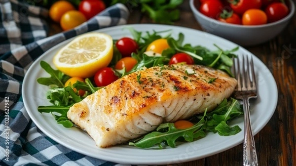 Fototapeta A plate of grilled fish with a side of arugula, cherry tomatoes, and a lemon wedge.