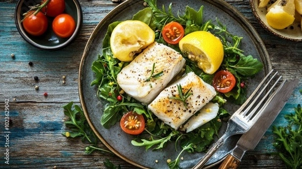 Fototapeta A plate of grilled fish with lemon slices, cherry tomatoes, and arugula on a rustic wooden table.