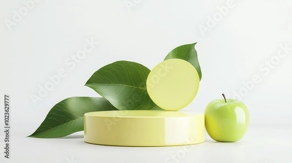 Fototapeta 3D mockup design for beverage display featuring a yellow podium green apple and green leaf against a white background Clipping paths for each element are included 3D rendering illustration