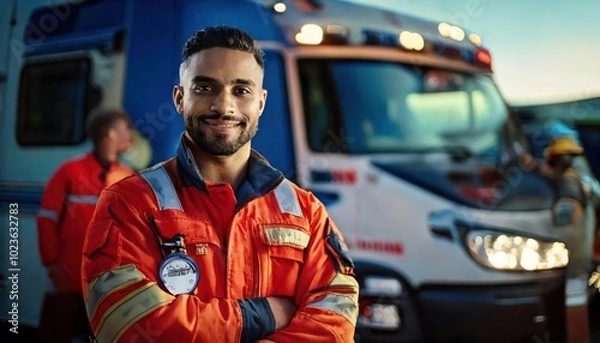 Fototapeta Emergency paramedic in front of ambulance and teammates in the background