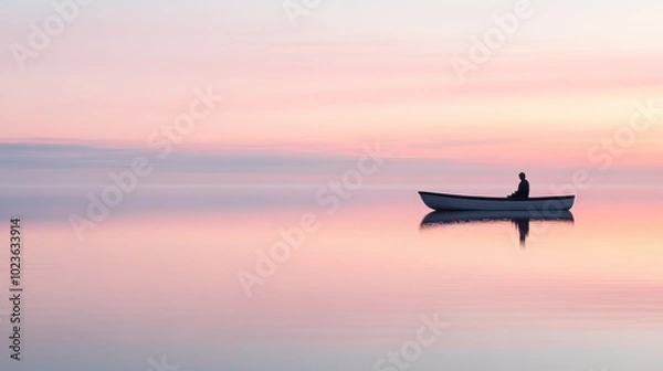 Obraz Solitary Figure in a Rowboat at Dawn with a Pink Sky