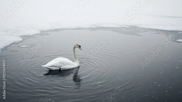 Fototapeta A lone mute swan swimming in a small patch of unfrozen water amidst a frozen lake, creating ripples that contrast with the stillness of the surrounding ice.