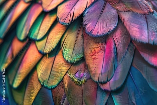 Fototapeta Close up of iridescent feathers with stunning colors and textures.