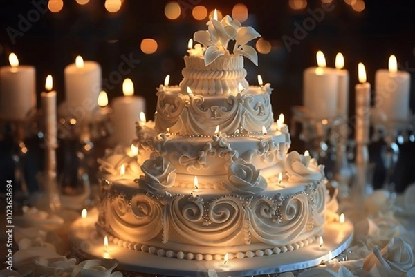 Fototapeta A multi-layered birthday cake with intricate icing designs, surrounded by lit candles