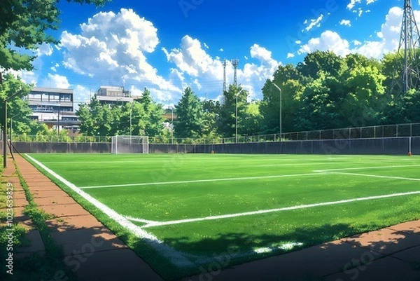 Fototapeta A vibrant, sunlit soccer field surrounded by trees and blue skies, featuring lush green grass and a goalpost, perfect for sports and recreation.