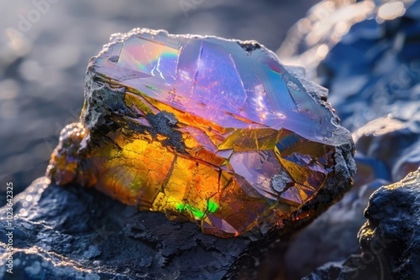 Fototapeta Close up iridescent multicolored welo opal on gray background
