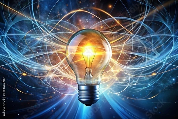 Fototapeta A bright light bulb illuminated in mid-air, surrounded by swirling shapes and lines, symbolizing a brilliant idea or innovative concept bursting forth into reality.