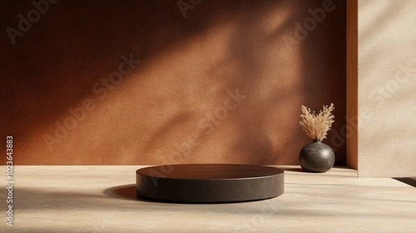 Fototapeta Abstract 3D background featuring a podium with a brown backdrop for showcasing cosmetics and products 3D rendered illustration