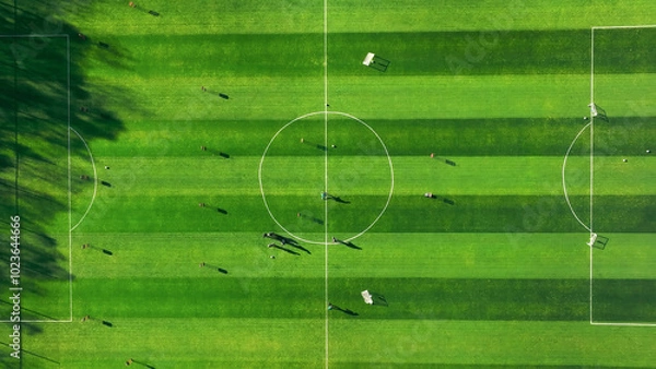 Fototapeta Aerial view of a soccer field with players and shadows. An aerial view of a soccer field with vivid green grass and a clearly marked center circle.