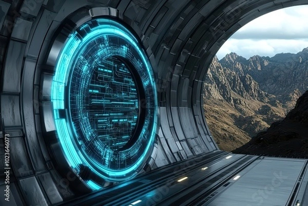 Obraz Futuristic portal with glowing elements, opening to a breathtaking mountain landscape.