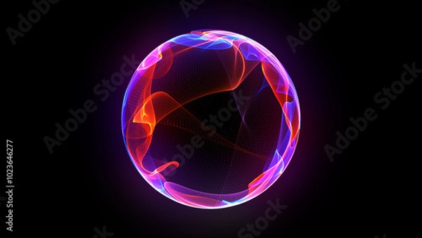 Fototapeta Bright neon 3d sphere in the space. Glowing particle 3d energy orb. Abstract technology, science, neural networks, and artificial intelligence. Virtual assistant concept.