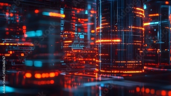 Obraz Cybersecurity: A digital fortress surrounding IoT devices, layers of encryption wrapping around data streams, glowing firewalls, futuristic shields protecting devices from cyber threats, dark hues wit