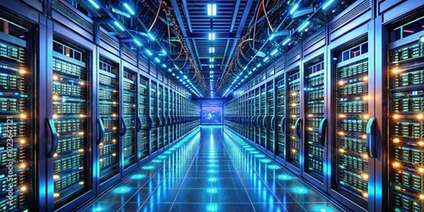 Fototapeta A futuristic data center filled with rows of humming servers, blinking lights, and intricate cables, representing the backbone of modern digital infrastructure and advanced computing systems.