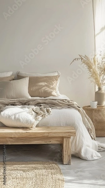 Fototapeta Serene Bedroom with Wooden Bed Frame and Soft Textiles