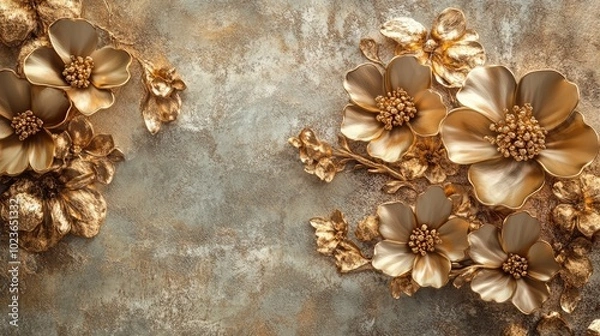Fototapeta 3D printable wallpaper mural featuring an abstract design with gold flowers and textured background ideal for luxurious wall decor