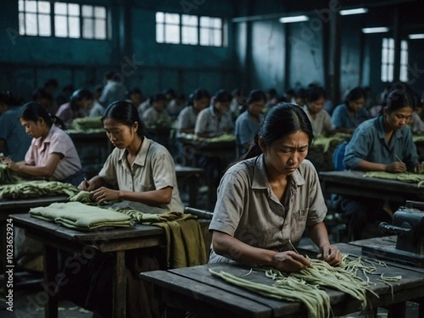 Fototapeta Exhausted workers assembling garments in a dimly lit sweatshop during late-night hours.