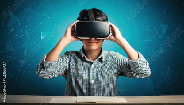 Fototapeta  School student using VR headset with AI in classroom 